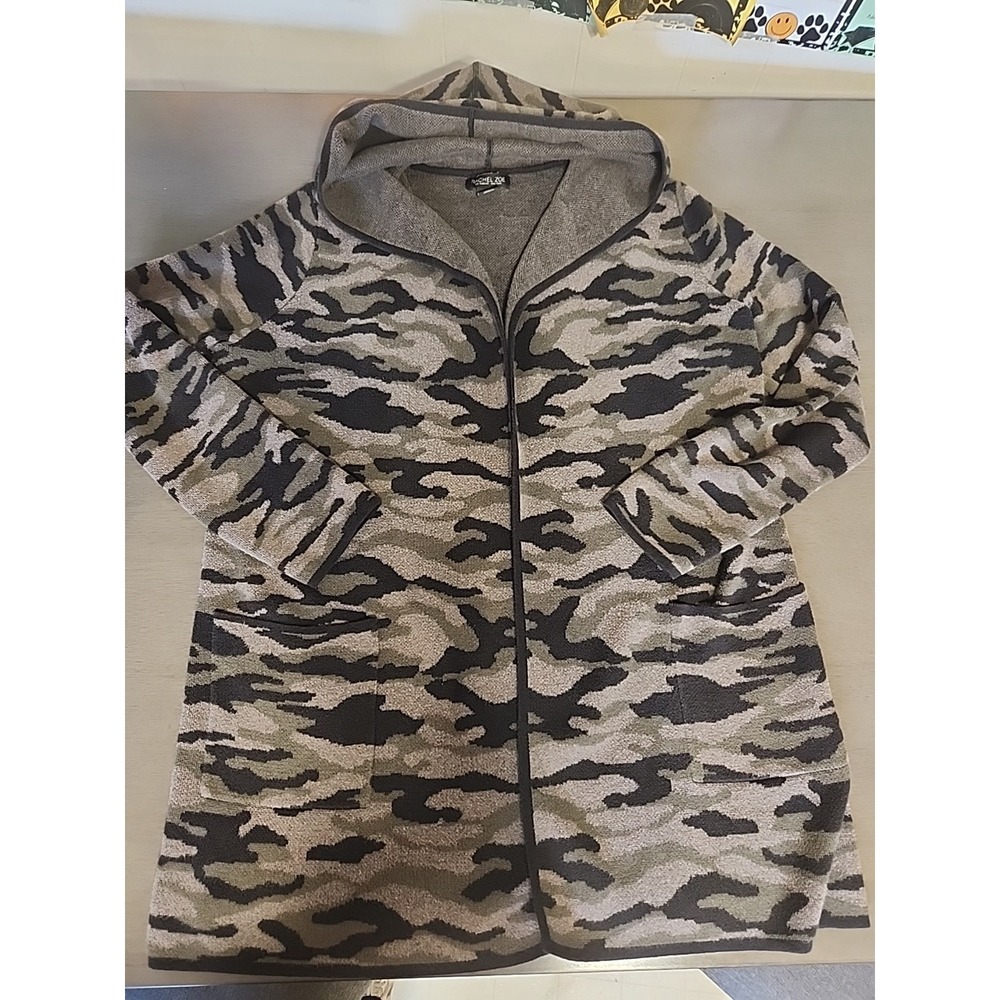 Rachel Zoe Camo Knit Hooded Open Cardigan Women Size XL Cozy Urban Longsleeve